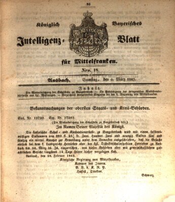 Königlich Bayerisches Intelligenzblatt für Mittelfranken (Ansbacher Intelligenz-Zeitung) Samstag 4. März 1843