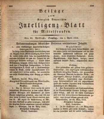 Königlich Bayerisches Intelligenzblatt für Mittelfranken (Ansbacher Intelligenz-Zeitung) Samstag 1. April 1843