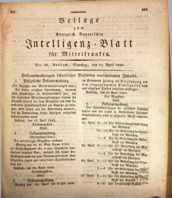 Königlich Bayerisches Intelligenzblatt für Mittelfranken (Ansbacher Intelligenz-Zeitung) Samstag 22. April 1843