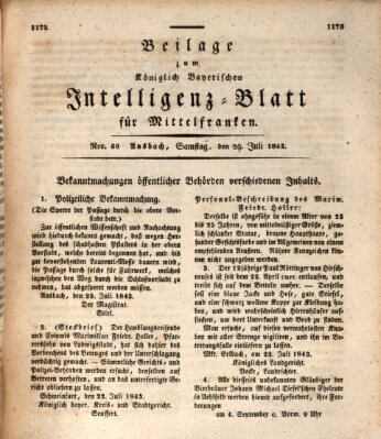Königlich Bayerisches Intelligenzblatt für Mittelfranken (Ansbacher Intelligenz-Zeitung) Samstag 29. Juli 1843