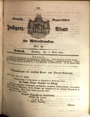 Königlich Bayerisches Intelligenzblatt für Mittelfranken (Ansbacher Intelligenz-Zeitung) Samstag 13. April 1844