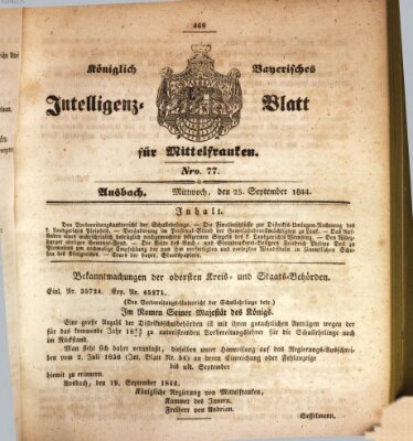 Königlich Bayerisches Intelligenzblatt für Mittelfranken (Ansbacher Intelligenz-Zeitung) Mittwoch 25. September 1844