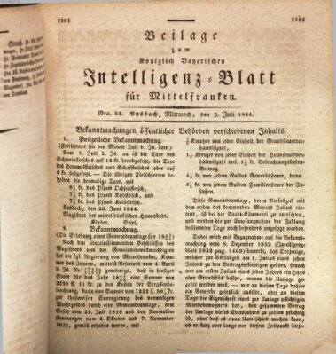 Königlich Bayerisches Intelligenzblatt für Mittelfranken (Ansbacher Intelligenz-Zeitung) Mittwoch 3. Juli 1844