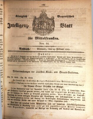 Königlich Bayerisches Intelligenzblatt für Mittelfranken (Ansbacher Intelligenz-Zeitung) Mittwoch 19. Februar 1845