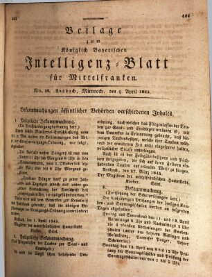 Königlich Bayerisches Intelligenzblatt für Mittelfranken (Ansbacher Intelligenz-Zeitung) Mittwoch 9. April 1845