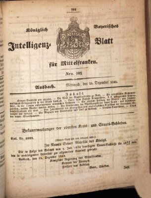 Königlich Bayerisches Intelligenzblatt für Mittelfranken (Ansbacher Intelligenz-Zeitung) Mittwoch 24. Dezember 1845