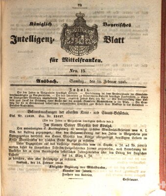 Königlich Bayerisches Intelligenzblatt für Mittelfranken (Ansbacher Intelligenz-Zeitung) Samstag 21. Februar 1846