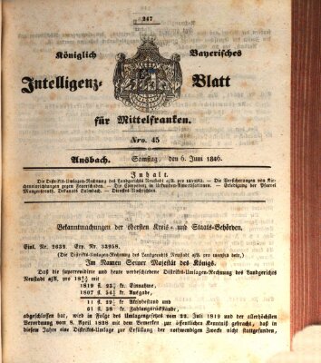Königlich Bayerisches Intelligenzblatt für Mittelfranken (Ansbacher Intelligenz-Zeitung) Samstag 6. Juni 1846