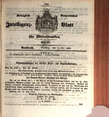 Königlich Bayerisches Intelligenzblatt für Mittelfranken (Ansbacher Intelligenz-Zeitung) Samstag 18. Juli 1846