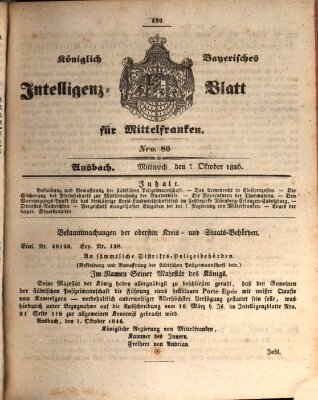 Königlich Bayerisches Intelligenzblatt für Mittelfranken (Ansbacher Intelligenz-Zeitung) Mittwoch 7. Oktober 1846