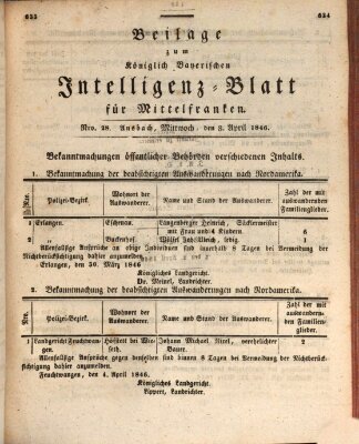 Königlich Bayerisches Intelligenzblatt für Mittelfranken (Ansbacher Intelligenz-Zeitung) Mittwoch 8. April 1846