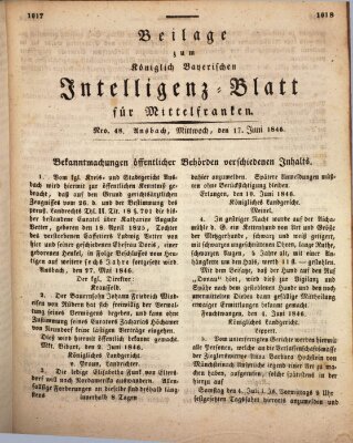 Königlich Bayerisches Intelligenzblatt für Mittelfranken (Ansbacher Intelligenz-Zeitung) Mittwoch 17. Juni 1846
