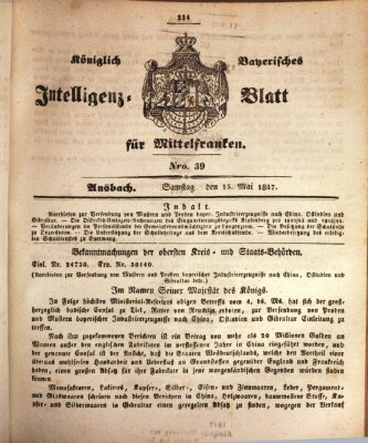 Königlich Bayerisches Intelligenzblatt für Mittelfranken (Ansbacher Intelligenz-Zeitung) Samstag 15. Mai 1847