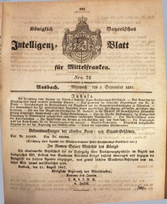 Königlich Bayerisches Intelligenzblatt für Mittelfranken (Ansbacher Intelligenz-Zeitung) Mittwoch 8. September 1847