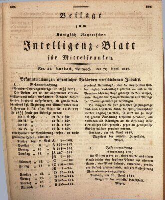 Königlich Bayerisches Intelligenzblatt für Mittelfranken (Ansbacher Intelligenz-Zeitung) Mittwoch 28. April 1847