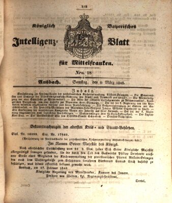 Königlich Bayerisches Intelligenzblatt für Mittelfranken (Ansbacher Intelligenz-Zeitung) Samstag 4. März 1848