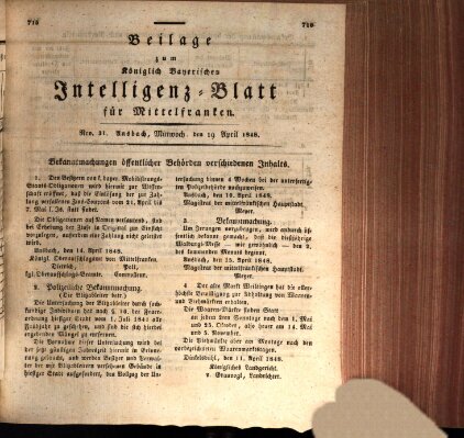 Königlich Bayerisches Intelligenzblatt für Mittelfranken (Ansbacher Intelligenz-Zeitung) Mittwoch 19. April 1848