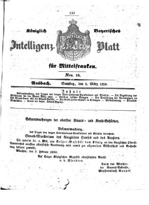 Königlich Bayerisches Intelligenzblatt für Mittelfranken (Ansbacher Intelligenz-Zeitung) Samstag 2. März 1850