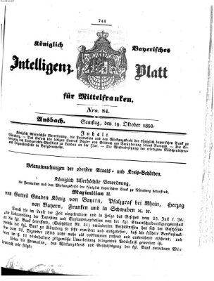 Königlich Bayerisches Intelligenzblatt für Mittelfranken (Ansbacher Intelligenz-Zeitung) Samstag 19. Oktober 1850