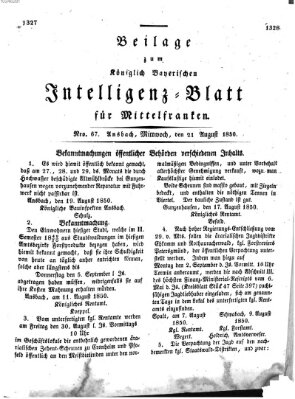 Königlich Bayerisches Intelligenzblatt für Mittelfranken (Ansbacher Intelligenz-Zeitung) Mittwoch 21. August 1850