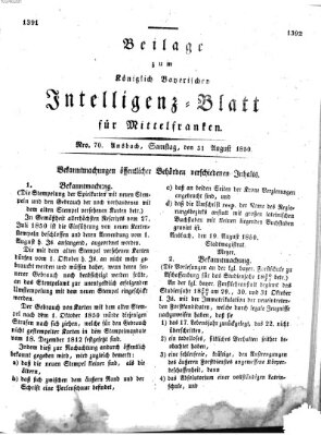 Königlich Bayerisches Intelligenzblatt für Mittelfranken (Ansbacher Intelligenz-Zeitung) Samstag 31. August 1850