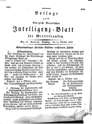 Königlich Bayerisches Intelligenzblatt für Mittelfranken (Ansbacher Intelligenz-Zeitung) Samstag 19. Oktober 1850