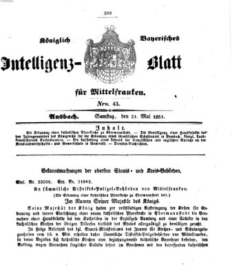 Königlich Bayerisches Intelligenzblatt für Mittelfranken (Ansbacher Intelligenz-Zeitung) Samstag 31. Mai 1851