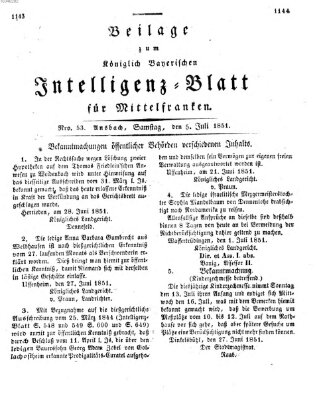Königlich Bayerisches Intelligenzblatt für Mittelfranken (Ansbacher Intelligenz-Zeitung) Samstag 5. Juli 1851