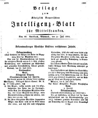 Königlich Bayerisches Intelligenzblatt für Mittelfranken (Ansbacher Intelligenz-Zeitung) Mittwoch 30. Juli 1851
