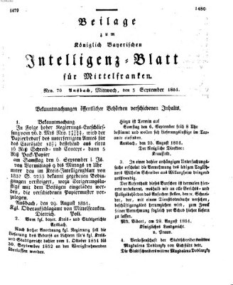 Königlich Bayerisches Intelligenzblatt für Mittelfranken (Ansbacher Intelligenz-Zeitung) Mittwoch 3. September 1851