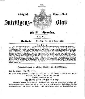 Königlich Bayerisches Intelligenzblatt für Mittelfranken (Ansbacher Intelligenz-Zeitung) Samstag 21. Februar 1852