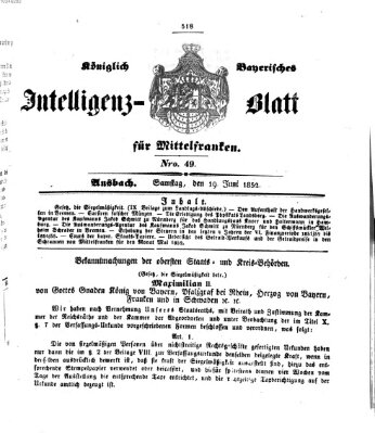 Königlich Bayerisches Intelligenzblatt für Mittelfranken (Ansbacher Intelligenz-Zeitung) Samstag 19. Juni 1852