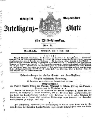 Königlich Bayerisches Intelligenzblatt für Mittelfranken (Ansbacher Intelligenz-Zeitung) Mittwoch 7. Juli 1852