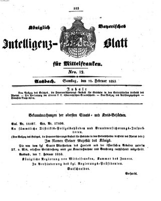 Königlich Bayerisches Intelligenzblatt für Mittelfranken (Ansbacher Intelligenz-Zeitung) Samstag 12. Februar 1853