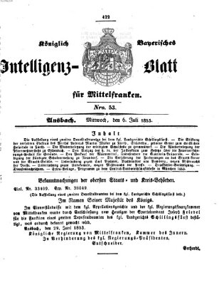 Königlich Bayerisches Intelligenzblatt für Mittelfranken (Ansbacher Intelligenz-Zeitung) Mittwoch 6. Juli 1853