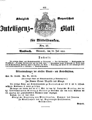 Königlich Bayerisches Intelligenzblatt für Mittelfranken (Ansbacher Intelligenz-Zeitung) Mittwoch 20. Juli 1853