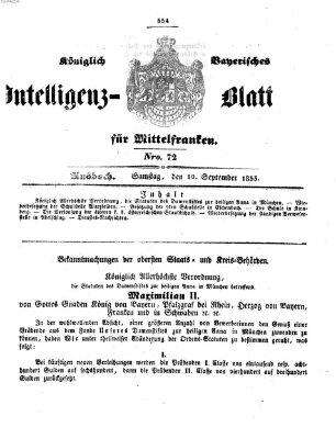 Königlich Bayerisches Intelligenzblatt für Mittelfranken (Ansbacher Intelligenz-Zeitung) Samstag 10. September 1853