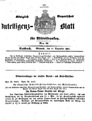 Königlich Bayerisches Intelligenzblatt für Mittelfranken (Ansbacher Intelligenz-Zeitung) Mittwoch 14. Dezember 1853