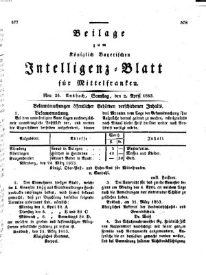 Königlich Bayerisches Intelligenzblatt für Mittelfranken (Ansbacher Intelligenz-Zeitung) Samstag 2. April 1853