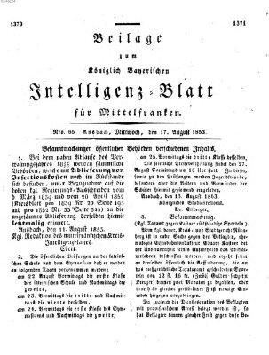 Königlich Bayerisches Intelligenzblatt für Mittelfranken (Ansbacher Intelligenz-Zeitung) Mittwoch 17. August 1853