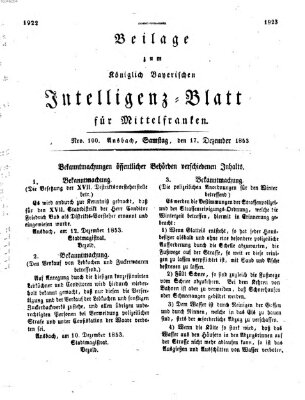 Königlich Bayerisches Intelligenzblatt für Mittelfranken (Ansbacher Intelligenz-Zeitung) Samstag 17. Dezember 1853