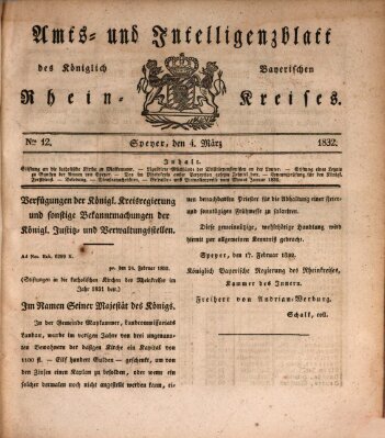 Amts- und Intelligenzblatt des Königlich Bayerischen Rheinkreises (Königlich bayerisches Amts- und Intelligenzblatt für die Pfalz) Sonntag 4. März 1832