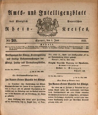 Amts- und Intelligenzblatt des Königlich Bayerischen Rheinkreises (Königlich bayerisches Amts- und Intelligenzblatt für die Pfalz) Donnerstag 6. Juni 1833
