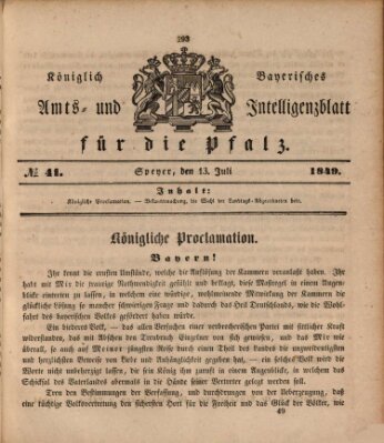 Königlich bayerisches Amts- und Intelligenzblatt für die Pfalz Freitag 13. Juli 1849