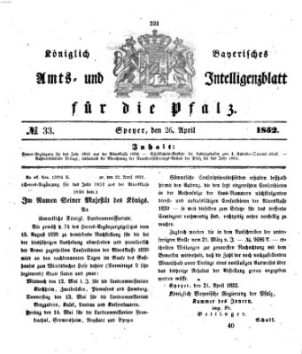 Königlich bayerisches Amts- und Intelligenzblatt für die Pfalz Montag 26. April 1852