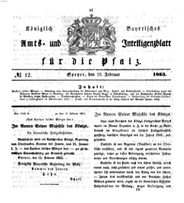 Königlich bayerisches Amts- und Intelligenzblatt für die Pfalz Samstag 19. Februar 1853