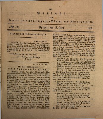 Amts- und Intelligenzblatt des Königlich Bayerischen Rheinkreises (Königlich bayerisches Amts- und Intelligenzblatt für die Pfalz) Sonntag 18. Juni 1837