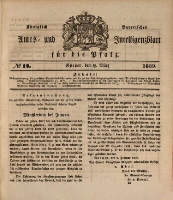 Königlich bayerisches Amts- und Intelligenzblatt für die Pfalz Samstag 2. März 1839