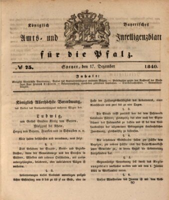 Königlich bayerisches Amts- und Intelligenzblatt für die Pfalz Donnerstag 17. Dezember 1840