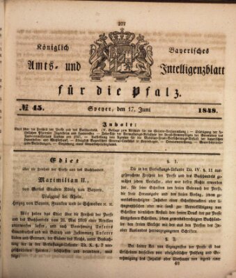 Königlich bayerisches Amts- und Intelligenzblatt für die Pfalz Samstag 17. Juni 1848